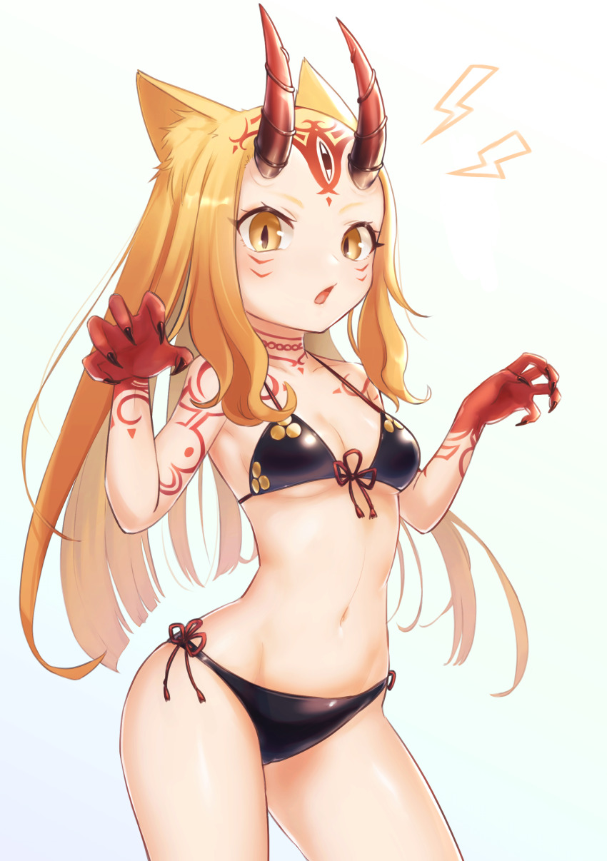 1girl absurdres animal_ears bare_shoulders bikini black_bikini blonde_hair breasts cat_ears claw_pose collarbone facial_mark fate/grand_order fate_(series) forehead forehead_mark hair_pulled_back highres horns ibaraki_douji_(fate) ibaraki_douji_(swimsuit_lancer)_(first_ascension)_(fate) long_hair looking_at_viewer navel nupy22 oni oni_horns open_mouth small_breasts solo swimsuit tattoo thighs yellow_eyes