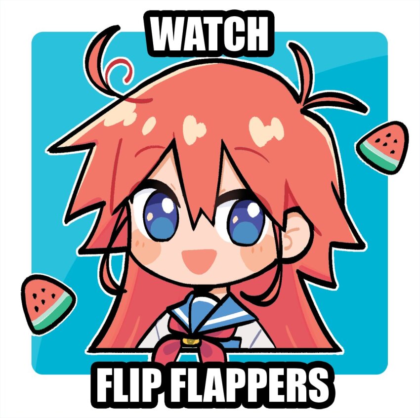 1girl ange_(angeban93) blue_background blue_eyes blue_sailor_collar border commentary english_commentary flip_flappers food fruit impact_(font) long_hair looking_at_viewer meme neckerchief open_mouth orange_hair papika_(flip_flappers) red_neckerchief sailor_collar school_uniform serafuku smile solo upper_body watermelon watermelon_slice white_border