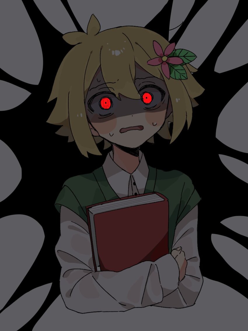 1boy alternate_sleeve_length basil_(faraway)_(omori) basil_(omori) blonde_hair book collared_shirt flower green_sweater_vest hair_flower hair_ornament highres holding holding_book long_sleeves looking_at_viewer male_focus nat0g nervous_sweating omori open_mouth red_eyes shirt short_hair simple_background solo something_(omori) sweat sweater_vest upper_body white_background white_shirt
