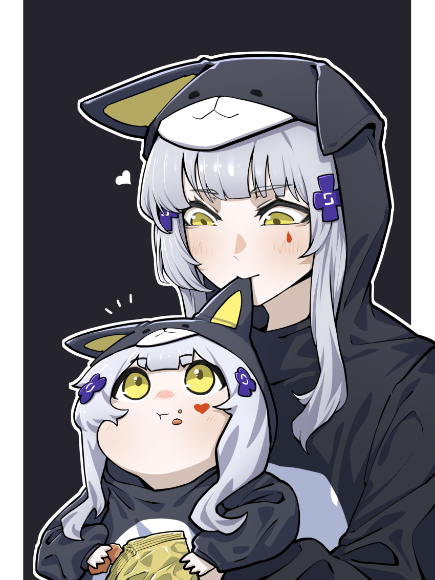 2girls absurdres alternate_costume animal_costume animal_ears bag_of_chips biting biting_ear blush carrying carrying_person commentary cross_hair_ornament doya_(qkrdbseh1205) dual_persona eating facial_mark fake_animal_ears food food_on_face girls&#039;_frontline girls&#039;_frontline_2:_exilium hair_ornament heart heart_facial_mark heart_tattoo highres hk416_(girls&#039;_frontline) klukai_(girls&#039;_frontline_2) long_hair looking_at_another multiple_girls tattoo teardrop_facial_mark teardrop_tattoo two-tone_background upper_body white_hair yellow_eyes