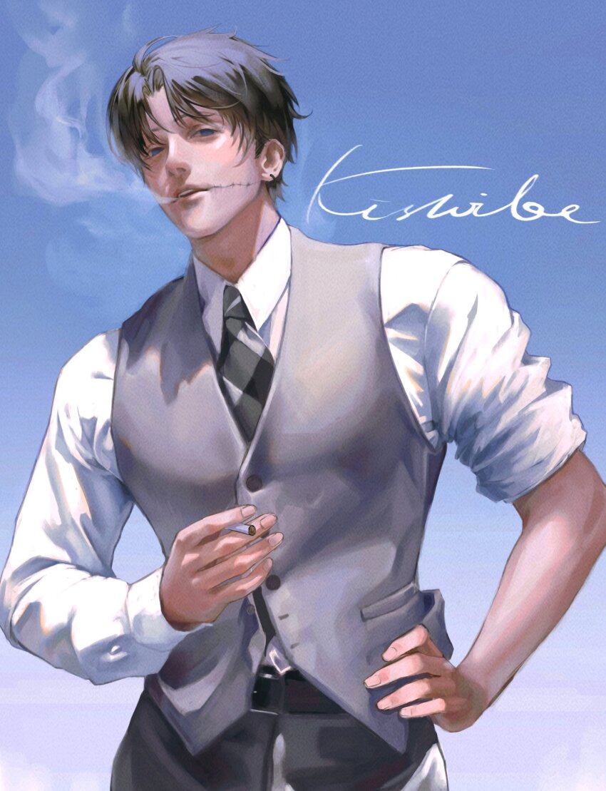 1boy belt black_hair blue_background blue_eyes chainsaw_man character_name checkered_necktie cigarette collared_shirt eulbhitomi facial_scar gradient_background grey_pants grey_vest hand_on_own_hip highres holding holding_cigarette kishibe_(chainsaw_man) kishibe_(young)_(chainsaw_man) looking_at_viewer necktie pants scar scar_on_cheek scar_on_face shirt shirt_tucked_in short_hair simple_background sleeves_rolled_up smoke smoking solo stitched_face stitched_mouth stitches vest white_shirt