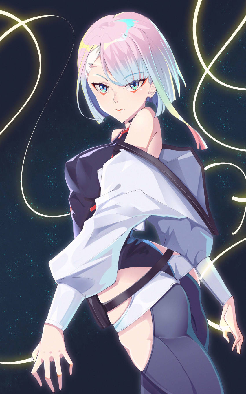 1girl absurdres balancing breasts cd_projekt_red cyberpunk cyberpunk_(series) cyberpunk_2077 cyberpunk:_edgerunners highres large_breasts lucy_(cyberpunk) neon_lights original retro_artstyle shi_huaan_ling_feeng shirt short_hair solo standing