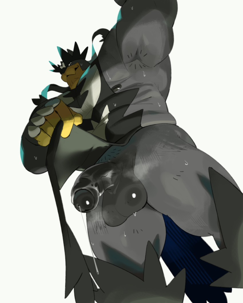 1boy abs arm_up armpits bara black_fur camerion_camill commentary english_commentary from_below furry furry_male gen_8_pokemon grey_fur half-erect highres legendary_pokemon looking_at_viewer looking_down male_focus multicolored_fur muscular muscular_male nintendo nipples pectorals penis pokemon pokemon_(creature) precum sweat testicles urshifu very_sweaty white_background white_fur yellow_fur