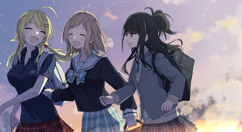 3girls ^_^ ahoge black_hair blazer blonde_hair blush bow bowtie breasts brown_hair closed_eyes commentary_request grey_jacket hachimiya_meguru half_updo highres idolmaster idolmaster_shiny_colors illumination_stars_(idolmaster) jacket kazano_hiori long_sleeves medium_breasts mole mole_under_mouth multiple_girls outdoors plaid_bow plaid_bowtie plaid_clothes plaid_skirt pleated_skirt sakuragi_mano school_uniform serafuku shiroshi_(denpa_eshidan) skirt smile twintails