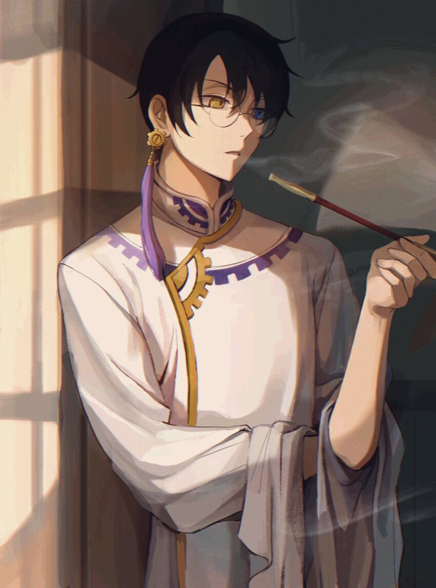 1boy arm_across_waist brown_hair chinese_clothes commentary cowboy_shot ear_piercing earrings glasses gold_trim hair_behind_ear hair_between_eyes hand_up heterochromia highres holding holding_smoking_pipe indoors jewelry leaning looking_to_the_side male_focus mandarin_collar multicolored_clothes parted_lips piercing purple_trim rimless_eyewear robe round_eyewear shusuzu single_earring smoke smoke_trail smoking smoking_pipe solo tassel tassel_earrings watanuki_kimihiro white_robe wide_sleeves window_shadow xxxholic