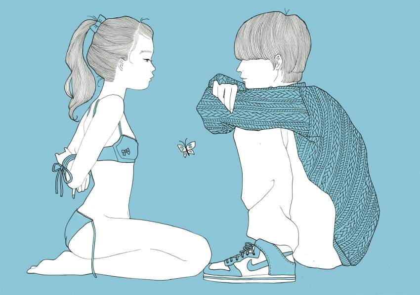 1boy 1girl arms_behind_back bikini blue_background bound bound_wrists bug butterfly from_side hair_over_eyes highres insect ishimatsu_chiaki looking_at_another original panties ponytail seiza shoes side-tie_panties sitting sneakers squatting sweater swimsuit underwear underwear_only untied_panties