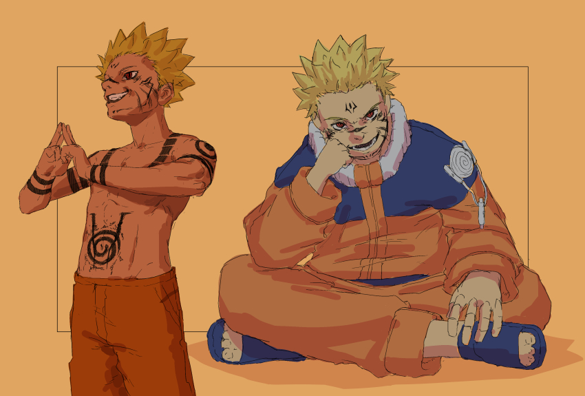 absurdres blonde_hair body_markings clenched_hand cosplay dochie domain_expansion evil_grin evil_smile facial_mark fangs grin hand_on_own_foot highres indian_style jacket jujutsu_kaisen naruto_(classic) naruto_(series) open_mouth orange_background orange_jacket orange_pants pants red_eyes ryoumen_sukuna_(jujutsu_kaisen) ryoumen_sukuna_(jujutsu_kaisen)_(cosplay) sandals simple_background sitting smile toned toned_male topless_male trait_connection uzumaki_naruto