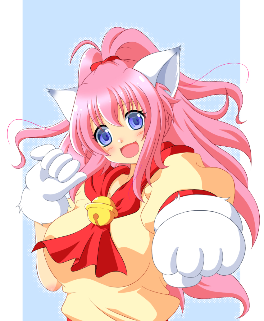 1girl animal_ears animal_hands bell blue_eyes blush breasts cat_ears cat_paws clenched_hand dress fujii-tei gloves hair_between_eyes high_ponytail highres large_breasts long_hair looking_at_viewer melody_sinclair open_mouth outstretched_arm outstretched_hand paw_gloves pink_hair ponytail short_sleeves simple_background smile solo standing upper_body very_long_hair wide_ponytail yellow_dress yuukyuu_gensoukyoku