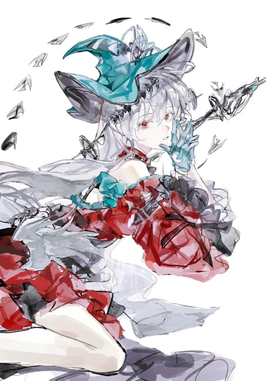 1girl arknights bare_legs bare_shoulders detached_sleeves dress feet_out_of_frame frilled_sleeves frills from_side green_hat grey_hair hair_between_eyes hat headgear highres kneeling long_hair looking_at_viewer low-tied_long_hair own_hands_together puffy_sleeves red_dress red_eyes simple_background simple_fish skadi_(arknights) skadi_the_corrupting_heart_(arknights) solo very_long_hair white_background zhnjicis1676071