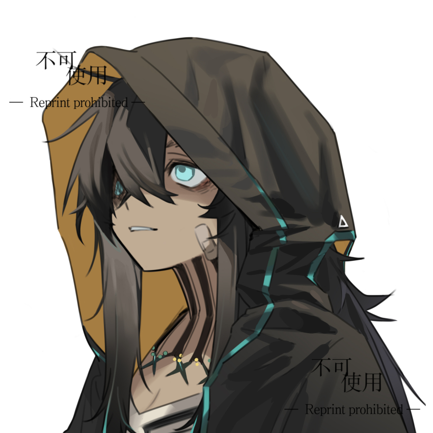 1girl arknights bandaid bandaid_on_face black_hair blue_eyes breasts cleavage commentary_request dark-skinned_female dark_skin flint_(arknights) hair_between_eyes highres hood hood_up jacket long_hair longshengyan neck_tattoo simple_background solo tattoo white_background