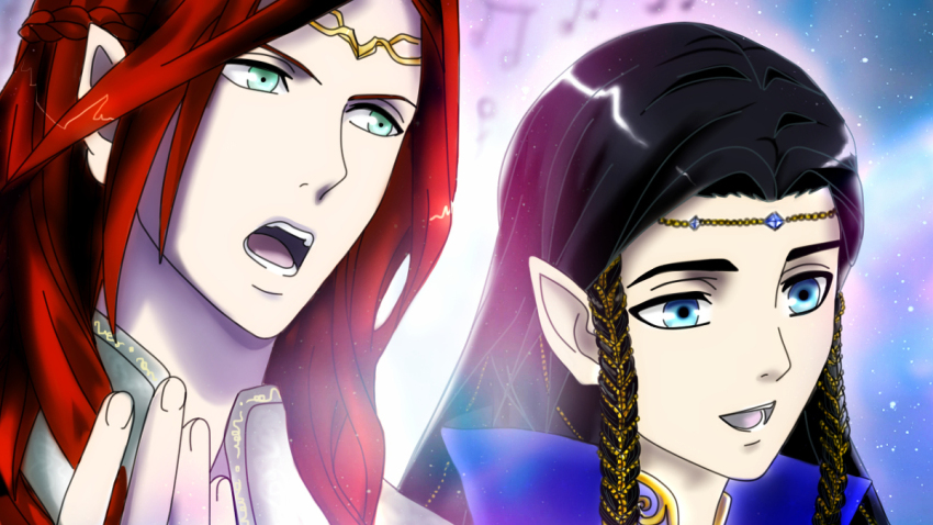 2boys androgynous black_hair blue_eyes braid cinemairon collar cousins elf fingon gem high_collar long_hair maedhros male_focus multiple_boys open_mouth pointy_ears prince red_hair sky star_(sky) starry_sky teeth the_silmarillion tiara tolkien&#039;s_legendarium tongue twin_braids