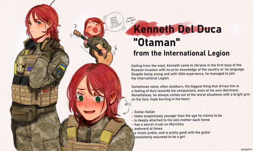 1boy absurdres acoustic_guitar ammunition ammunition_pouch androgynous armband blush bulletproof_vest chibi combat_uniform commentary cyrillic english_commentary frown gloves green_eyes guitar headphones headphones_around_neck highres holding holding_guitar holding_instrument idi_nahui instrument international_legion_of_ukraine kenneth_del_duca long_hair long_sleeves looking_at_viewer male_focus military_combat_uniform military_fatigues military_uniform multiple_views music open_mouth original playing_guitar playing_instrument pouch red_hair reference_sheet russo-ukrainian_war singing soldier switzerland trap ukraine ukrainian_flag ukrainian_text usergore walkie-talkie war white_background yellow_armband
