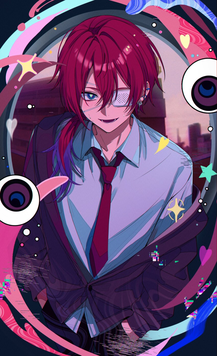 absurdres blush collared_shirt cowboy_shot eyepatch hair_between_eyes hair_over_shoulder hand_in_pocket heart heart-shaped_pupils highres jacket lauren_iroas long_hair long_sleeves looking_at_viewer lower_teeth_only medical_eyepatch multicolored_eyes necktie nijisanji one_eye_covered onmoynn pants parted_lips red_hair red_necktie shirt sweat symbol-shaped_pupils teeth virtual_youtuber white_shirt