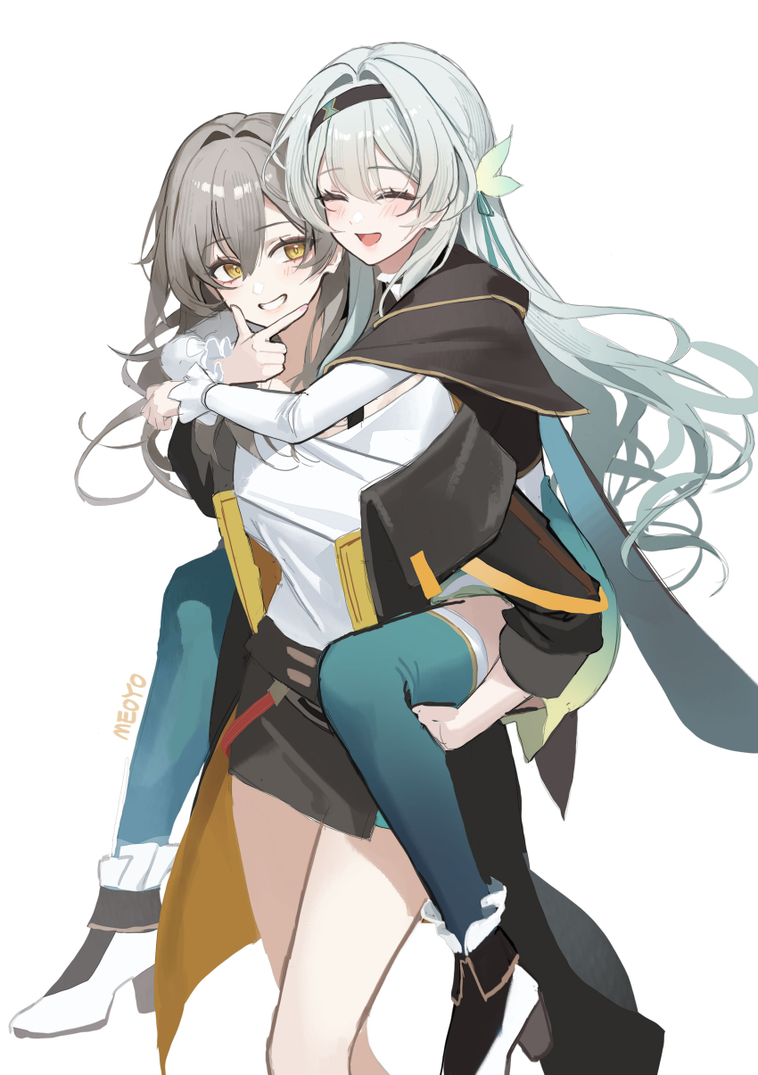 2girls absurdres aqua_thighhighs black_coat black_hairband carrying closed_eyes coat cropped_jacket firefly_(honkai:_star_rail) grey_hair grin hair_between_eyes hair_ornament hairband highres honkai:_star_rail honkai_(series) long_hair long_sleeves looking_at_another meoyo multiple_girls open_clothes open_coat open_mouth piggyback shirt simple_background smile stelle_(honkai:_star_rail) thighhighs trailblazer_(honkai:_star_rail) twitter_username unfinished white_background white_shirt yellow_eyes