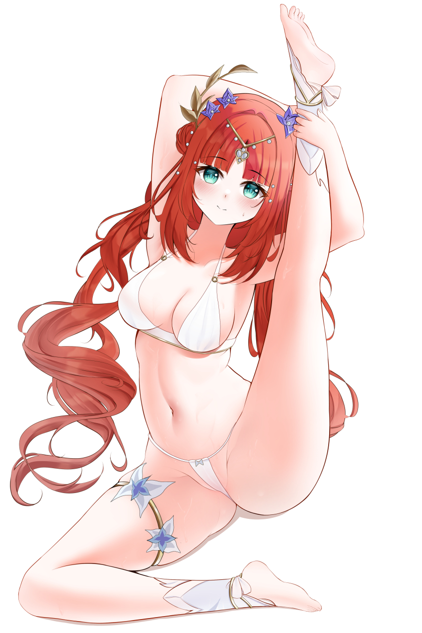 1girl absurdres aqua_eyes arms_up barefoot bikini breasts genshin_impact highres jewelry knosdeba leg_up long_hair looking_at_viewer medium_breasts navel nilou_(genshin_impact) red_hair simple_background sitting smile solo stomach swimsuit thighlet thighs very_long_hair white_background white_bikini