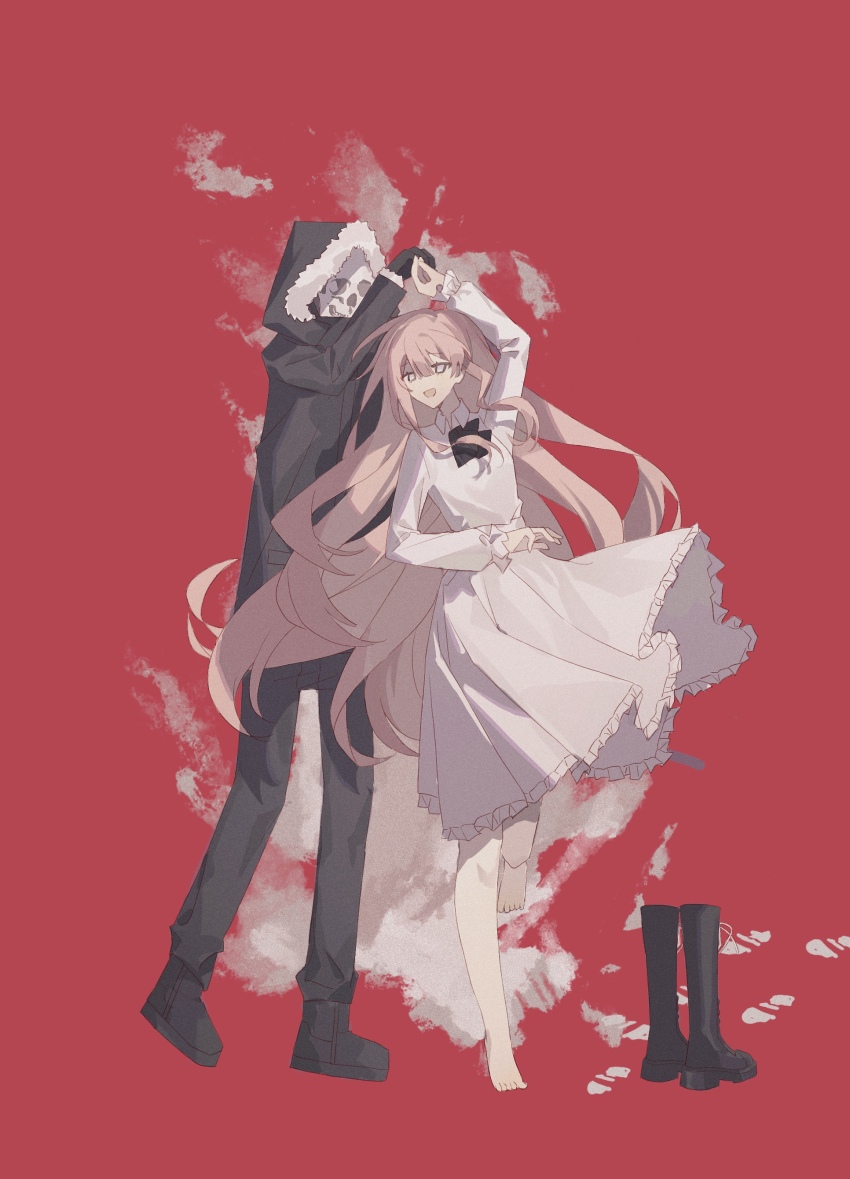 1girl 1other absurdres adipocere_(vocaloid) arm_up barefoot black_coat black_footwear black_gloves black_pants black_ribbon boots coat collared_dress commentary_request dancing dress full_body fur-trimmed_gloves fur-trimmed_hood fur_trim gloves grey_eyes highres holding_hands hood hood_up hooded_coat knee_boots long_hair long_sleeves looking_at_another neck_ribbon pants pink_hair red_background ribbon shoe_print simple_background skeleton slpb_zz smile unworn_boots vocaloid waltz_(dance) white_dress