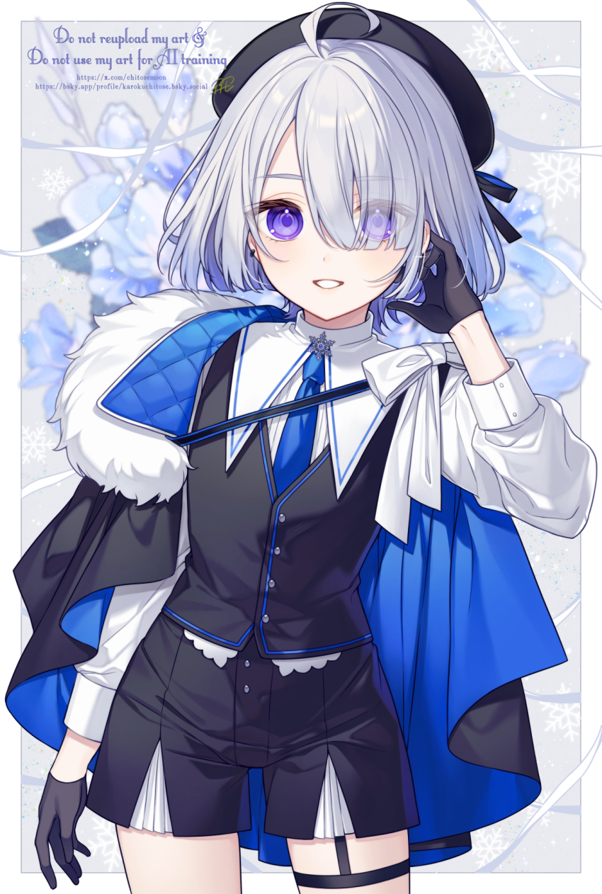 1boy ahoge beret black_gloves black_hat black_shorts black_vest blue_flower blue_necktie blush commentary_request commission copyright_request cowboy_shot english_text eyes_visible_through_hair flower gloves grey_hair hair_over_one_eye hat highres karokuchitose long_sleeves looking_at_viewer male_focus necktie puffy_long_sleeves puffy_sleeves purple_eyes shirt shorts skeb_commission smile solo standing vest watermark web_address white_shirt