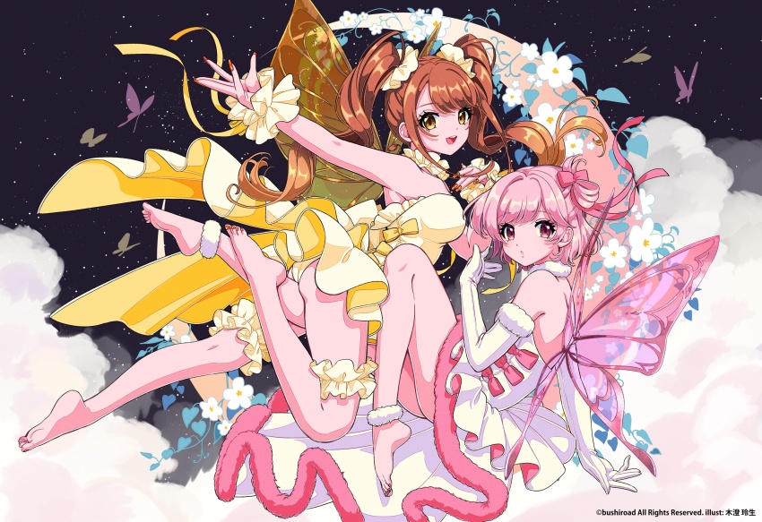 2girls absurdres ankle_cuffs bare_arms bare_back bare_legs bare_shoulders barefoot bracelet brown_hair bug butterfly butterfly_wings choker cloud crescent_moon d4dj dress elbow_gloves flower frilled_dress frills full_body fur-trimmed_choker fur-trimmed_dress fur_anklet fur_collar fur_trim gloves hair_ornament highres insect insect_wings jewelry kisumi_rei leaf looking_at_viewer moon multiple_girls nail_polish night night_sky official_art open_mouth orange_nails panties pink_butterfly pink_eyes pink_fur pink_hair pink_nails pink_ribbon pink_wings ribbon sakurada_miyu seto_rika short_hair sky star_(sky) starry_sky strapless thigh_strap transparent_wings twintails underwear white_choker white_dress white_flower white_gloves wings yellow_bracelet yellow_butterfly yellow_dress yellow_eyes yellow_panties yellow_ribbon yellow_wings