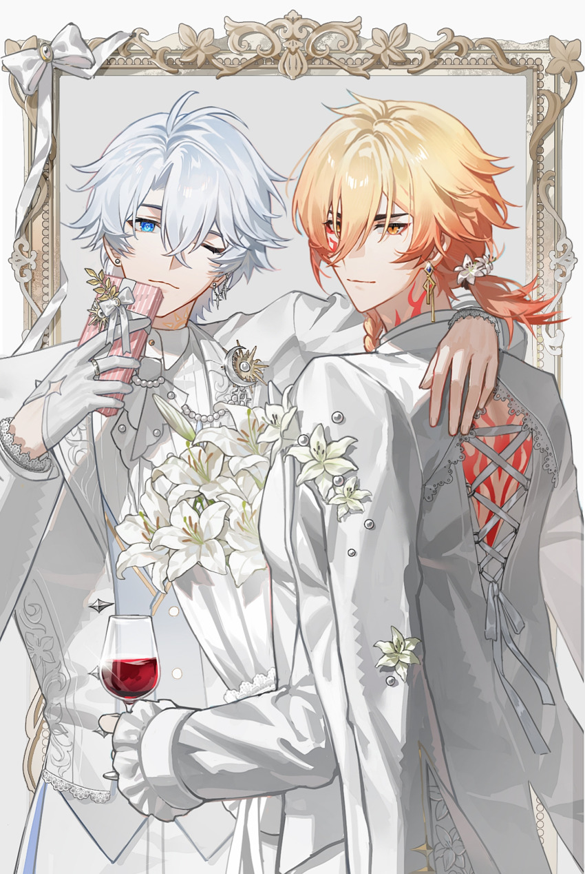 2boys alternate_costume antenna_hair ascot back_cutout blonde_hair blue_eyes bouquet braid brooch chinese_commentary chocolate clothing_cutout commentary_request cup drinking_glass earrings empty_picture_frame facial_tattoo flower food frilled_sleeves frills gloves gold_earrings gradient_hair hair_between_eyes half_gloves hand_on_another&#039;s_shoulder highres holding holding_bouquet holding_chocolate holding_cup holding_food honkai:_star_rail honkai_(series) jacket jacket_on_shoulders jewelry layered_sleeves long_sleeves looking_at_viewer looking_back male_focus medium_hair multicolored_hair multiple_boys mydei_(honkai:_star_rail) neck_tattoo one_eye_closed pants phainon_(honkai:_star_rail) picture_frame ponytail red_hair red_tattoo ribbon short_hair side_braid single_glove stud_earrings suirandanshihao suit_jacket tattoo vest white_ascot white_background white_flower white_gloves white_hair white_jacket white_pants white_ribbon white_vest wine_glass yellow_eyes