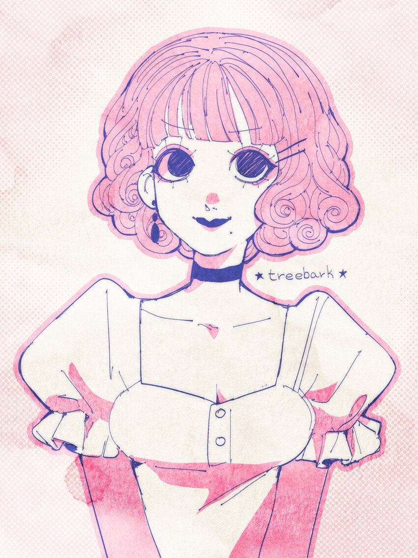1girl black_choker black_eyes black_lips breasts chika_(vocaloid) choker cleavage collarbone dress earrings hair_ornament hairclip highres jewelry medium_breasts mole mole_under_mouth outline pink_background pink_hair pink_outline polka_dot polka_dot_background puffy_short_sleeves puffy_sleeves short_hair short_sleeves signature solo star_(symbol) thick_outlines treebarkagain upper_body vocaloid wavy_hair white_dress