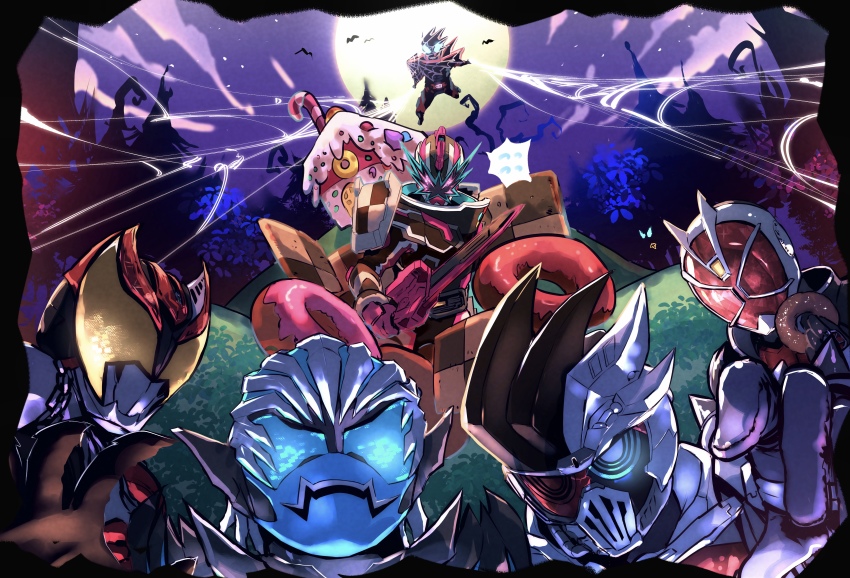 absurdres armor black_hair blue_eyes bug candy candy_cane demon demon_boy food forest gem gingerbread_house gloves glowing glowing_eyes halloween happy_halloween haunting highres holding holding_sword holding_weapon horror_(theme) kamen_rider kamen_rider_demons kamen_rider_evil kamen_rider_ex-aid_(series) kamen_rider_genm kamen_rider_kiva_(series) kamen_rider_revice kamen_rider_saber_(series) kamen_rider_slash kamen_rider_wizard_(series) mask mouth_mask murasaki_no_ryuuki nature night night_sky pink_armor pointy_ears red_gemstone sky sound_effects spider spiked_hair sword tokusatsu vampire vice_(kamen_rider_revice) weapon white_gloves white_hair wizard yellow_eyes zombie