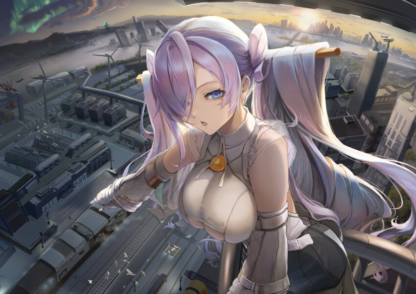 1girl aurora blue_eyes breasts city cityscape crane_(machine) dawn gloves hair_over_one_eye highres large_breasts long_hair miyabinp nicola_(resonance_solstice) pleated_skirt resonance_solstice skirt sleeveless solo twintails