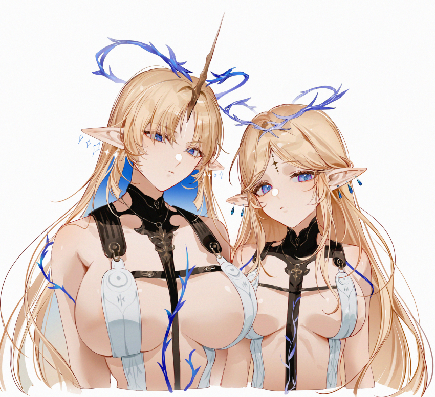 2girls absurdres blonde_hair blue_eyes breast_curtains breasts cartethyia_(wuthering_waves) commentary crown_of_thorns dual_persona facial_mark fleurdelys_(wuthering_waves) forehead_mark highres horns large_breasts long_hair looking_at_viewer multiple_girls parted_bangs pointy_ears shibuya_(kurokamishain) simple_background single_horn tacet_mark_(wuthering_waves) upper_body white_background wuthering_waves yellow_horns
