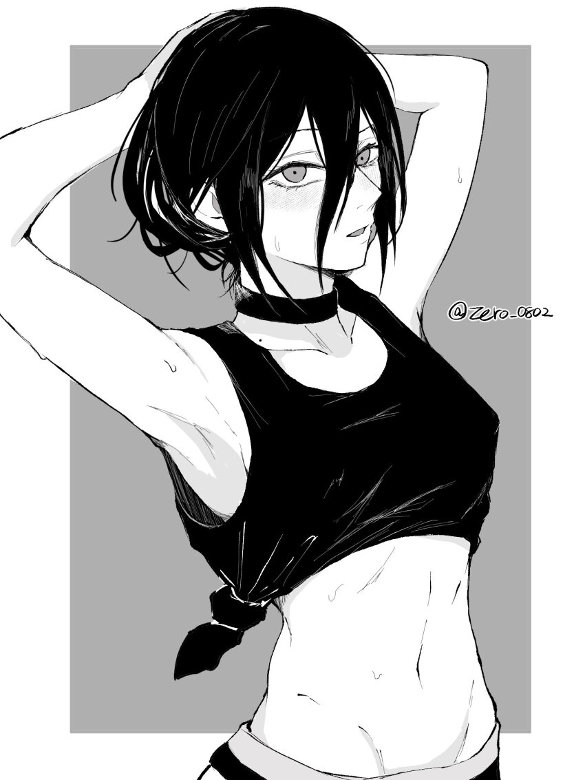 1girl armpits arms_behind_head arms_up breasts chainsaw_man choker commentary_request greyscale hair_between_eyes highres looking_at_viewer madaosw medium_breasts medium_hair monochrome reze_(chainsaw_man) shirt solo tank_top tied_shirt twitter_username