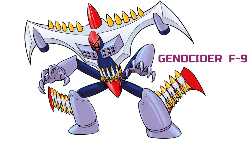 1970s_(style) aircraft airplane bomb bomber character_name claws commentary_request concept_art english_text explosive genocider_f9 highres ink_(medium) marker_(medium) mazinger_(series) mazinger_z mecha military_vehicle misogram missile missile_pod monster no_humans no_pupils official_style oldschool retro_artstyle robot scan science_fiction simple_background super_robot traditional_media white_background yellow_eyes