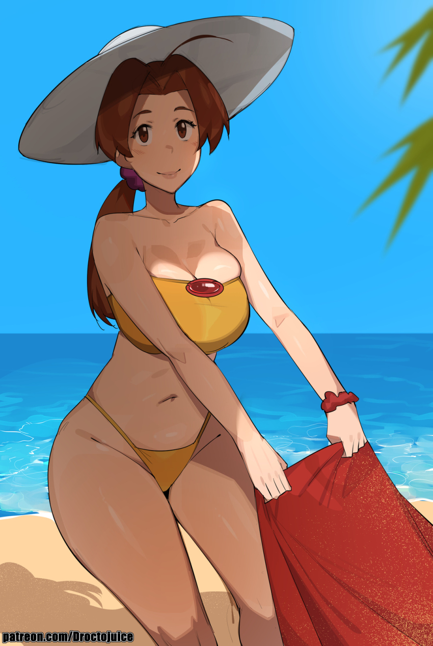 1girl artist_name bare_shoulders beach beach_towel bikini breasts brown_eyes brown_hair collarbone curvy delia_ketchum dr_octojuice female_focus hat highleg highleg_bikini highres holding looking_at_viewer low_ponytail mature_female medium_breasts nintendo ocean parted_lips patreon_username pokemon pokemon_(anime) pokemon_sm_(anime) ponytail sand shiny_skin smile swimsuit thong thong_bikini towel wide_hips