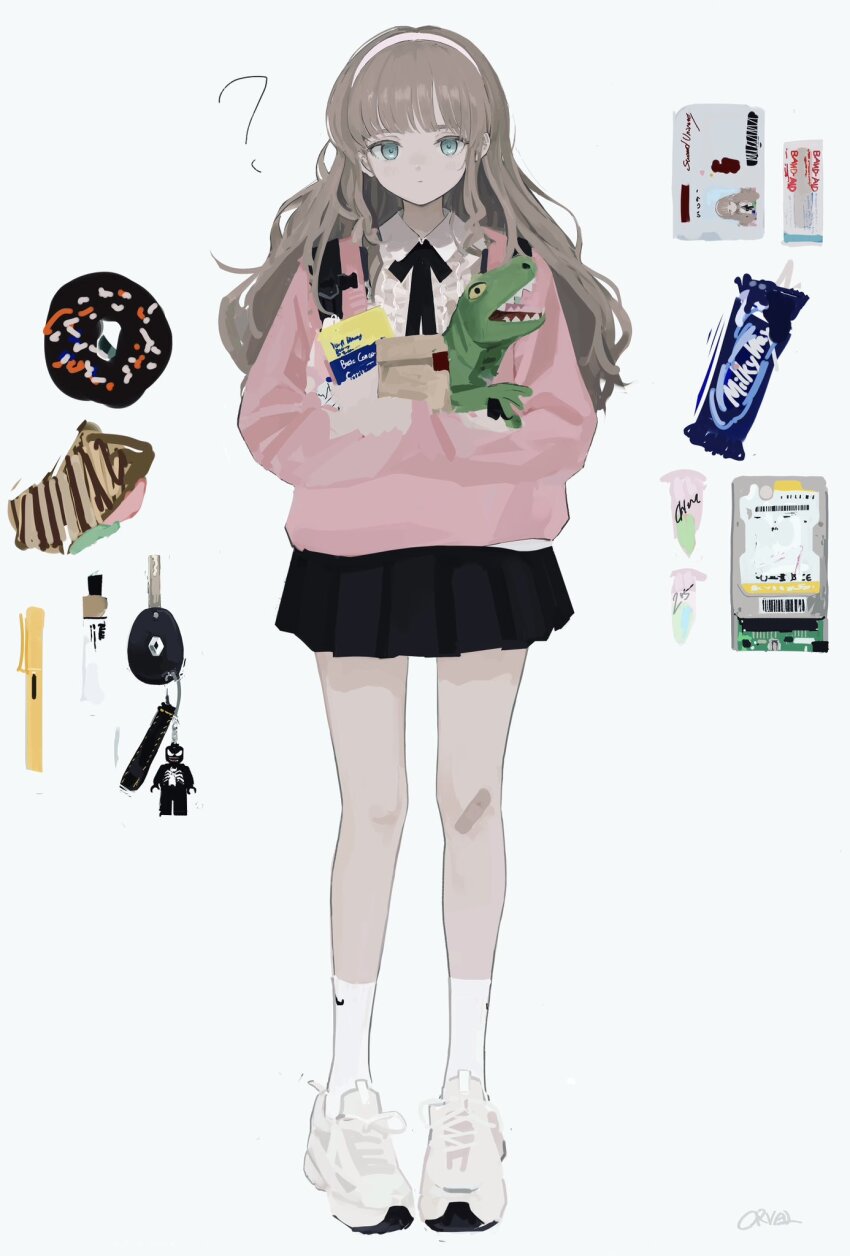 1girl ? black_ribbon blue_eyes blue_skirt brown_hair car_keys carrying closed_mouth donut food full_body hairband hard_drive highres id_card long_hair looking_at_viewer milky_way neck_ribbon original orval pen pink_sweater pleated_skirt ribbon simple_background skirt socks solo star_(sky) stuffed_dinosaur sweater white_background white_footwear white_hairband white_socks