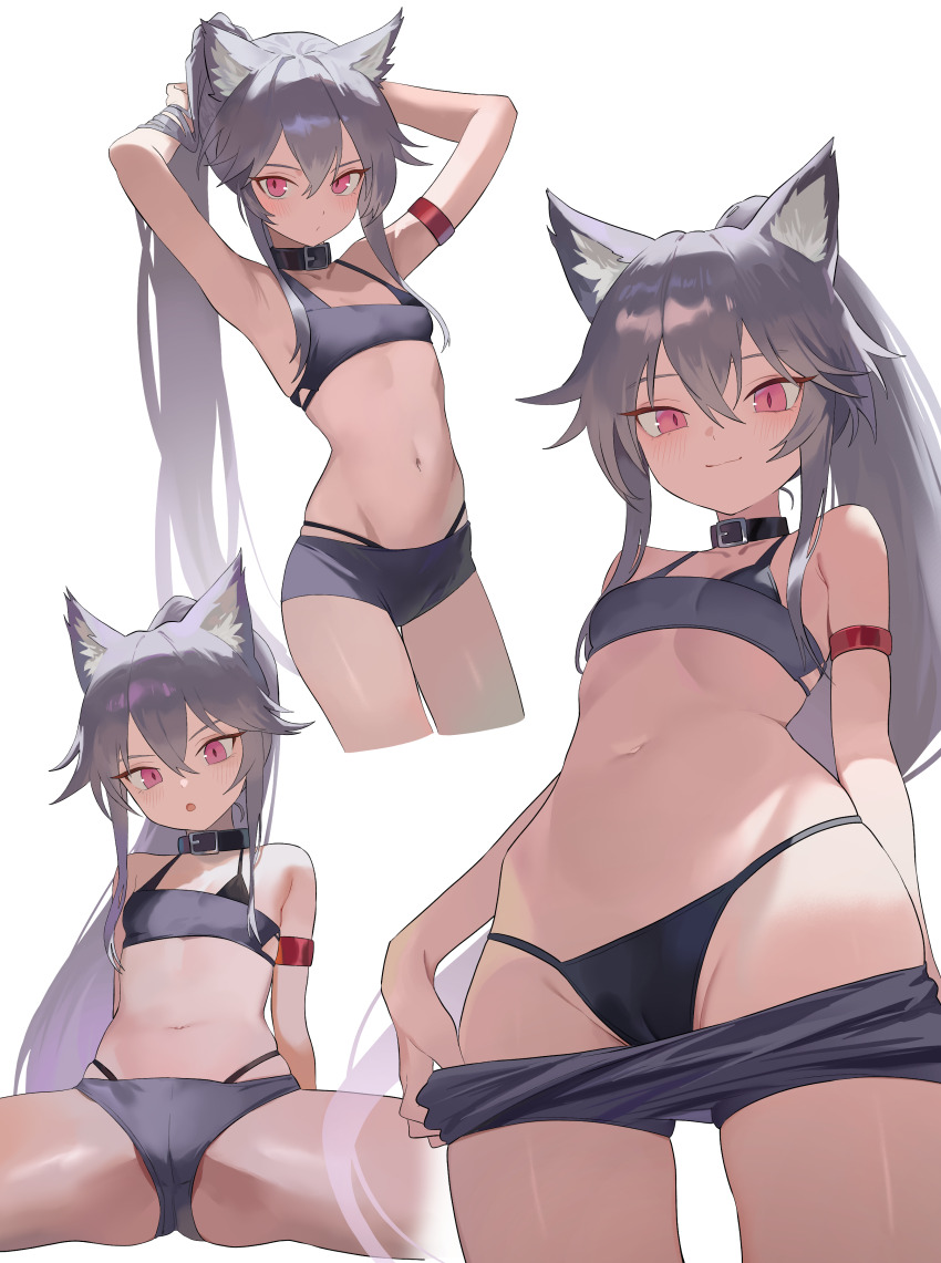 1girl absurdres animal_ears arm_strap armpits arms_behind_head arms_up bare_shoulders black_choker black_hair black_panties black_shirt black_shorts breasts brown_kemomimi-chan_(krr) cameltoe choker closed_mouth clothes_pull commission crop_top cropped_legs dungeon_and_fighter fox_ears hair_between_eyes highres long_hair looking_at_viewer micro_shorts midriff multiple_views navel nbee_ya open_mouth original panties ponytail pulling_own_clothes red_eyes shirt shorts shorts_pull simple_background sleeveless sleeveless_shirt slit_pupils small_breasts smile spread_legs stomach string_panties thighs underwear white_background