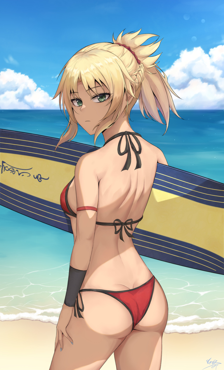 1girl absurdres ass bikini blonde_hair blue_sky braid breasts butt_crack cloud day fate/grand_order fate_(series) green_eyes hair_ornament hair_scrunchie half_up_braid highres holding holding_surfboard mordred_(fate) mordred_(swimsuit_rider)_(fate) mordred_(swimsuit_rider)_(first_ascension)_(fate) ocean outdoors ponytail prydwen_(fate) red_bikini red_scrunchie reinaz scrunchie side-tie_bikini_bottom sky small_breasts solo standing string_bikini surfboard swimsuit