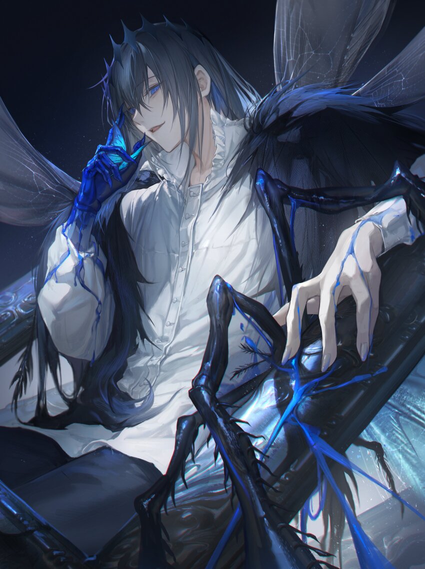 1boy absurdres ambiguous_blue_liquid arthropod_boy arthropod_limbs blue_eyes bug butterfly cape collared_shirt crown diamond_hairband dragonfly_wings fate/grand_order fate_(series) fur-trimmed_cape fur_trim grey_background grey_hair highres holding_butterfly insect insect_wings kkamiiz long_sleeves looking_at_viewer male_focus medium_hair oberon_(fate) oberon_(third_ascension)_(fate) shirt sitting smile solo white_shirt wings