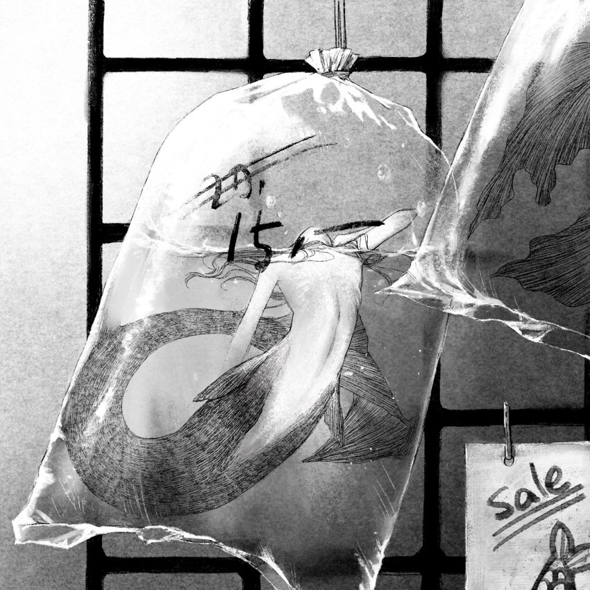 1girl arm_up bag facing_up greyscale highres korean_commentary leaning_back mermaid mini_person minigirl monochrome monster_girl nipples original paper partially_submerged plastic_bag price sae_sae solo water