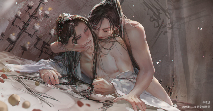 2boys bare_pectorals biting biting_shoulder blood boy_on_top brown_eyes brown_hair candle candlestand chinese_clothes chinese_commentary chu_wanning clenched_hand closed_eyes closed_mouth erha_he_ta_de_bai_mao_shizun hand_on_another&#039;s_face hanfu hickey high_ponytail highres implied_sex long_hair long_sleeves male_focus mo_ran multiple_boys nipples nude on_bed open_clothes pectorals ponytail robe white_robe wide_sleeves xiao_guan_(headdress) yaoi yu_shuo_de_nian_ji_zhu