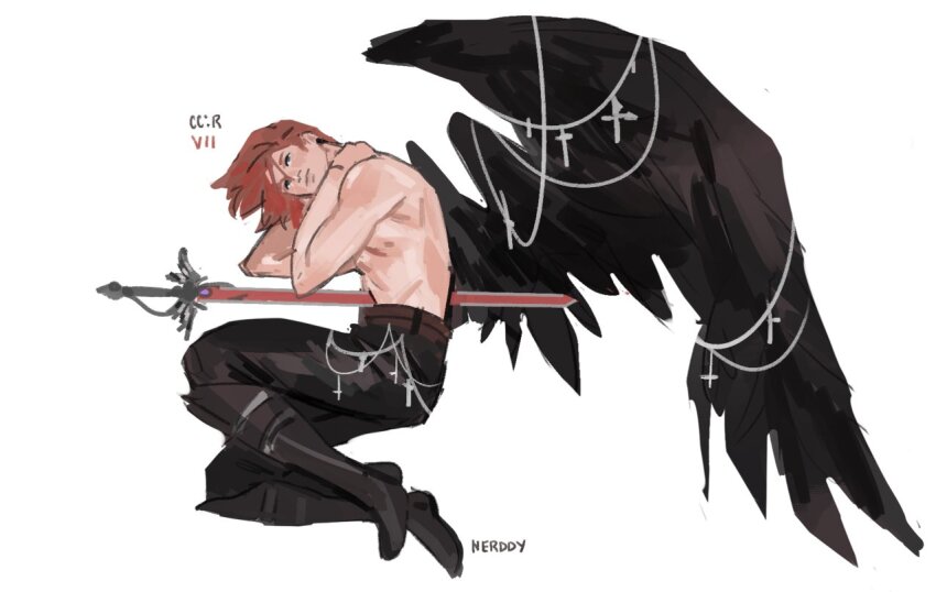 1boy belt black_footwear black_wings boots brown_hair chain closed_mouth commentary crisis_core_final_fantasy_vii cross earrings english_commentary final_fantasy final_fantasy_vii genesis_rhapsodos jewelry male_focus nerddynerb pants short_hair sword topless_male weapon white_background wings