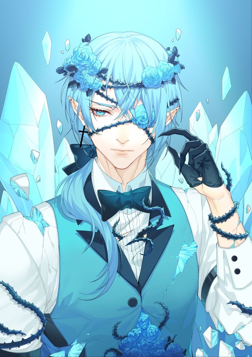 1boy absurdres bill_cipher black_bow black_bowtie black_gloves blue_background blue_eyes blue_flower blue_gemstone blue_hair blue_rose blue_theme blue_vest bow bowtie collared_shirt cracked_skin cross cross_earrings crystal damaged earrings eyelashes fingernails flower flower_over_eye gem gloves gravity_falls hair_bow hair_flower hair_ornament hair_over_shoulder half_gloves hand_up head_wreath highres houseki_no_kuni ice jewelry lapels long_hair looking_away male_focus one_eye_covered parody personification pointy_ears reverse_falls_(gravity_falls) rjun1431 rose shards sharp_fingernails shirt single_earring solo tentacles tentacles_under_clothes thorns torn_clothes torn_shirt traditional_bowtie upper_body vest white_shirt will_cipher