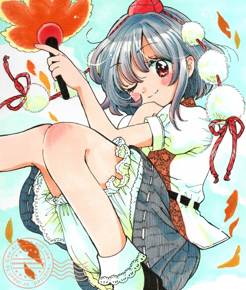 1girl autumn_leaves black_hair black_shoes black_skirt bloomers blush closed_mouth frilled_socks frills hand_fan hat highres holding holding_fan knee_blush knees leaf leaf_print light_smile muzukite one_eye_closed pom_pom_(clothes) red_eyes shameimaru_aya shirt shoes skirt sky socks tengu tokin_hat touhou underwear watermark white_shirt white_socks