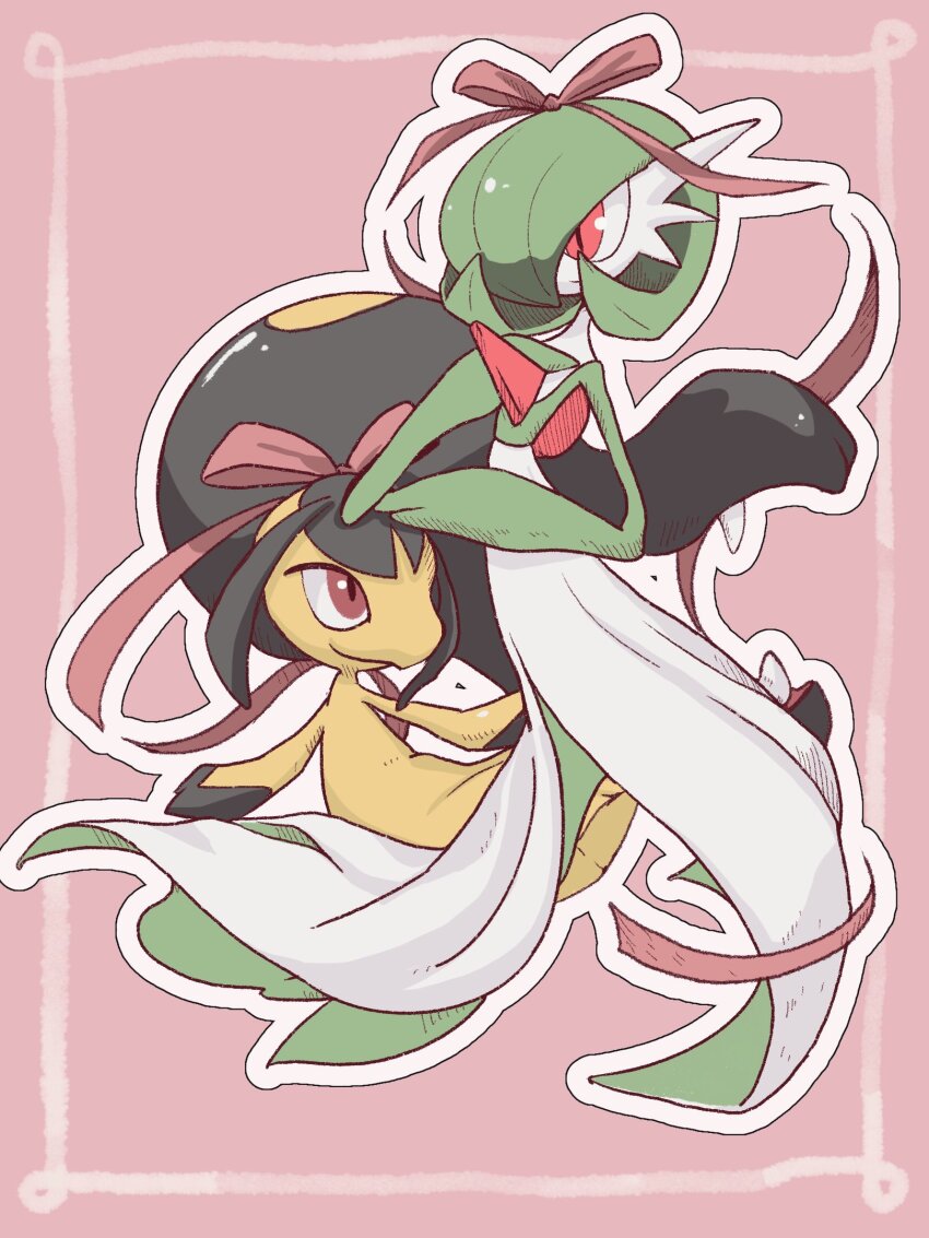bob_cut colored_skin dress extra_mouth fangs gardevoir gen_3_pokemon green_hair green_skin hair_over_one_eye hair_ribbon highres mawile multicolored_skin mxlaghrsuk33yws nintendo pink_background pink_eyes pink_ribbon pokemon pokemon_(creature) ribbon simple_background smile two-tone_skin white_dress white_skin yellow_skin