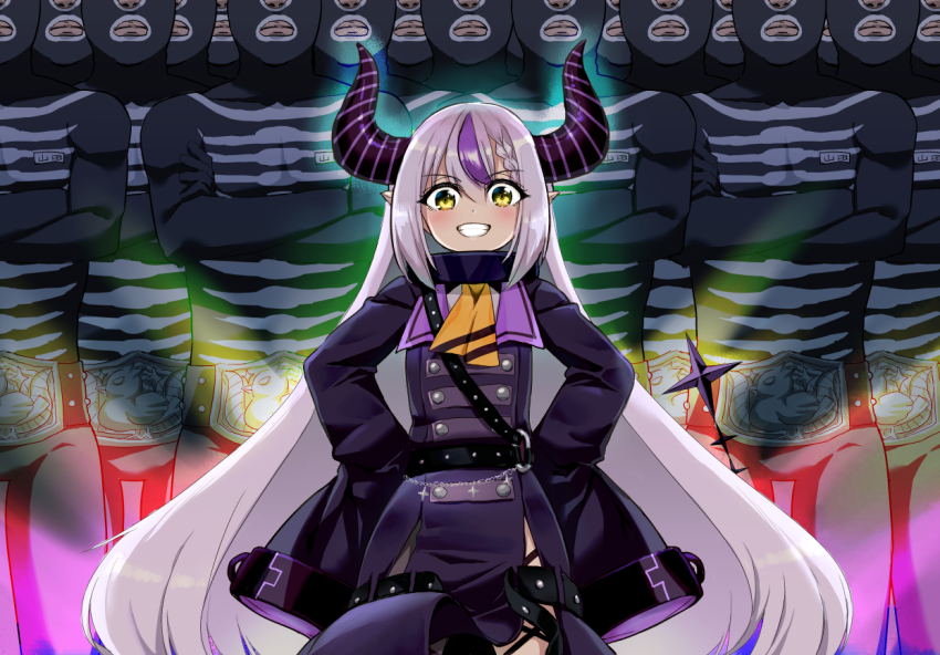 1girl 6+boys arms_up braid coat commentary_request demon_girl demon_horns grey_hair grin hololive horns la+_darknesss long_hair makishima_rin mask multiple_boys pointy_ears purple_coat purple_hair sleeves_past_wrists smile striped_horns very_long_hair virtual_youtuber yellow_eyes