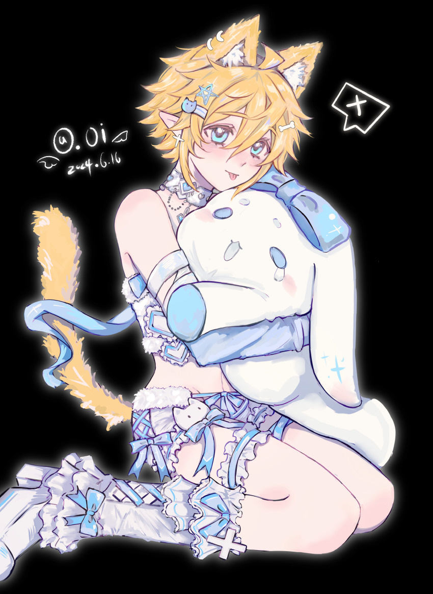 1boy :p absurdres ahoge alternate_costume animal_ears aotu_world artist_name bare_shoulders black_background blonde_hair blue_eyes blush boots cat_boy cat_ears cat_tail choker crop_top dated ear_piercing earrings extra_ears frills full_body gloves hair_between_eyes hair_ornament hairclip heart highres hug hugging_object jewelry kemonomimi_mode king_(aotu_world) looking_at_viewer male_focus midriff piercing plutoray pointy_ears short_hair short_shorts shorts simple_background sitting solo star_(symbol) star_hair_ornament stuffed_animal stuffed_rabbit stuffed_toy tail tongue tongue_out trap wariza