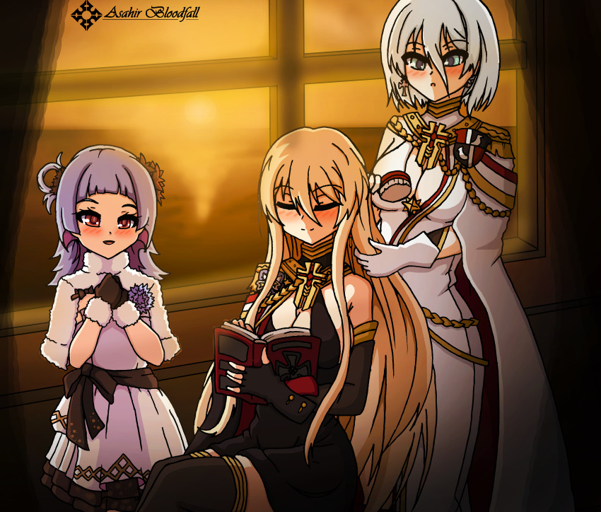 3girls absurdres asahir azur_lane bismarck_(azur_lane) bismarck_(beacon_of_the_iron_blood)_(azur_lane) bismarck_(coat_of_arms) black_dress blonde_hair blue_eyes blue_hair book breasts brushing_another&#039;s_hair brushing_hair cleavage closed_eyes closed_mouth coat coat_of_arms cocktail_dress cross dress earrings fingerless_gloves flower gloves hair_brush hair_ornament highres holding holding_book iron_blood_(emblem) iron_cross jewelry multicolored_hair multiple_girls red_eyes single_earring sunset tagme tirpitz_(azur_lane) tirpitz_(iron_blood_snowstorm)_(azur_lane) u-556_(azur_lane) u-556_(party_knight!)_(azur_lane) white_dress white_hair window
