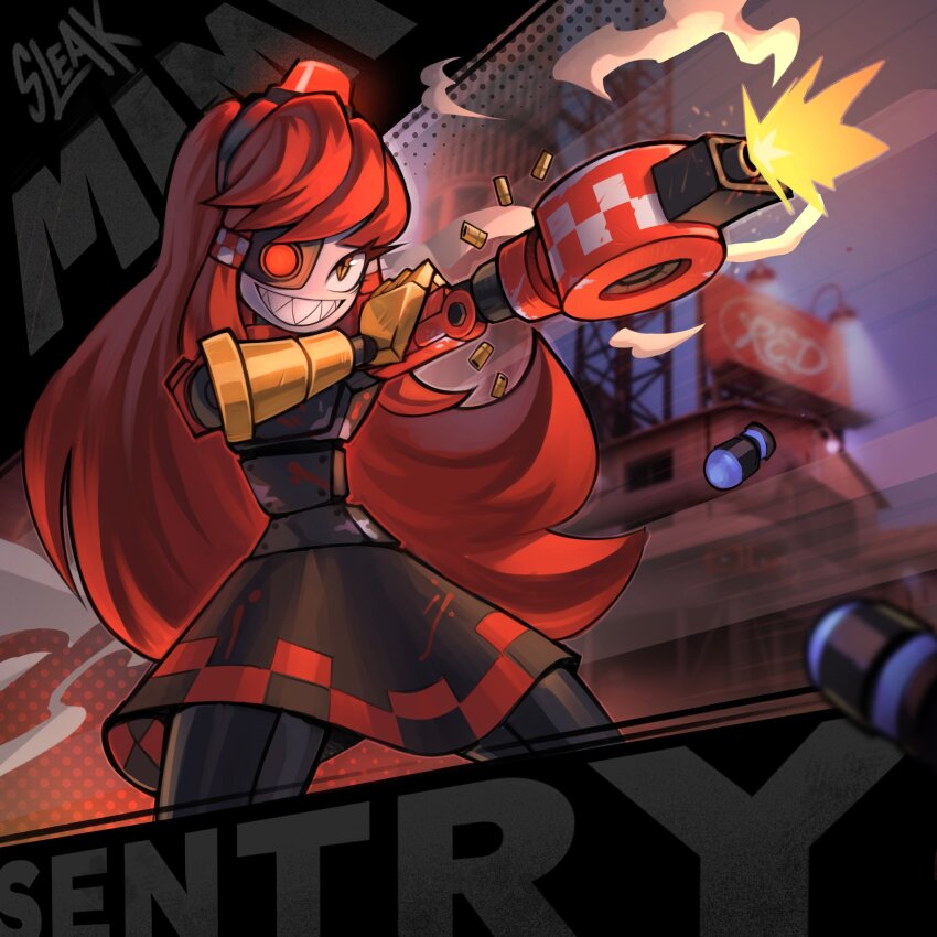 1girl alarm_siren arm_cannon artist_name black_dress borrowed_character character_name commentary crosshair_pupils dress english_commentary explosive fewer_digits firing grenade grin hand_on_own_arm heterochromia highres joints letterboxed long_hair mimi-sentry_(flyingpiggles) original personification red_eyes red_hair robot robot_girl robot_joints sharp_teeth shell_casing sleak smile solo team_fortress_2 teeth very_long_hair weapon yellow_eyes