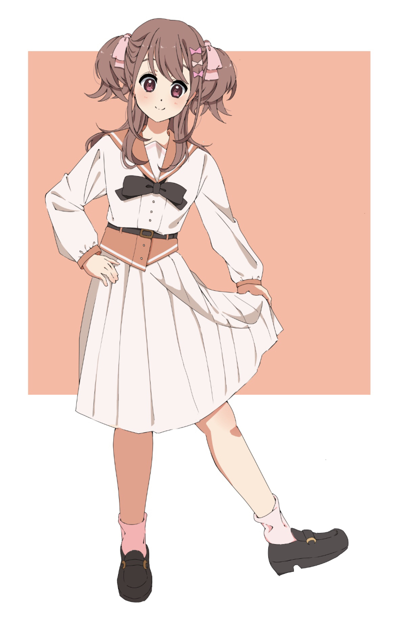 1girl 22/7 belt black_belt black_bow black_bowtie black_footwear blush bow bowtie brown_background brown_collar brown_hair closed_mouth collar fanged_bangs full_body hair_bow hair_ornament hand_on_own_hip highres long_hair long_sleeves looking_at_viewer pink_bow pink_socks pleated_skirt purple_eyes school_uniform sera_honoka shirt skirt skirt_hold smile socks solo standing tanpaku_(oqu_2) two-tone_background two_side_up white_shirt white_skirt