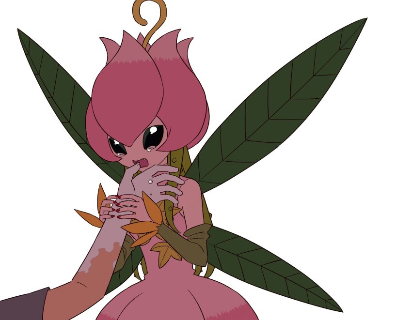 1girl 1other bare_shoulders cowboy_shot detached_sleeves digimon digimon_(creature) dress fang fujihana_(mugenpixel) green_hair green_sleeves green_wings grey_background highres lilimon long_hair multiple_wings open_mouth pink_dress plant_hair simple_background solo_focus tears wings