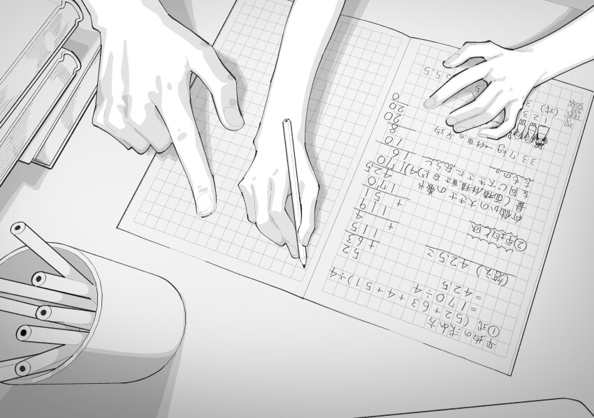 2girls absurdres age_difference book book_stack cup greyscale hand_focus highres math monochrome multiple_girls original pencil pointing shiratama_mochi tutor writing