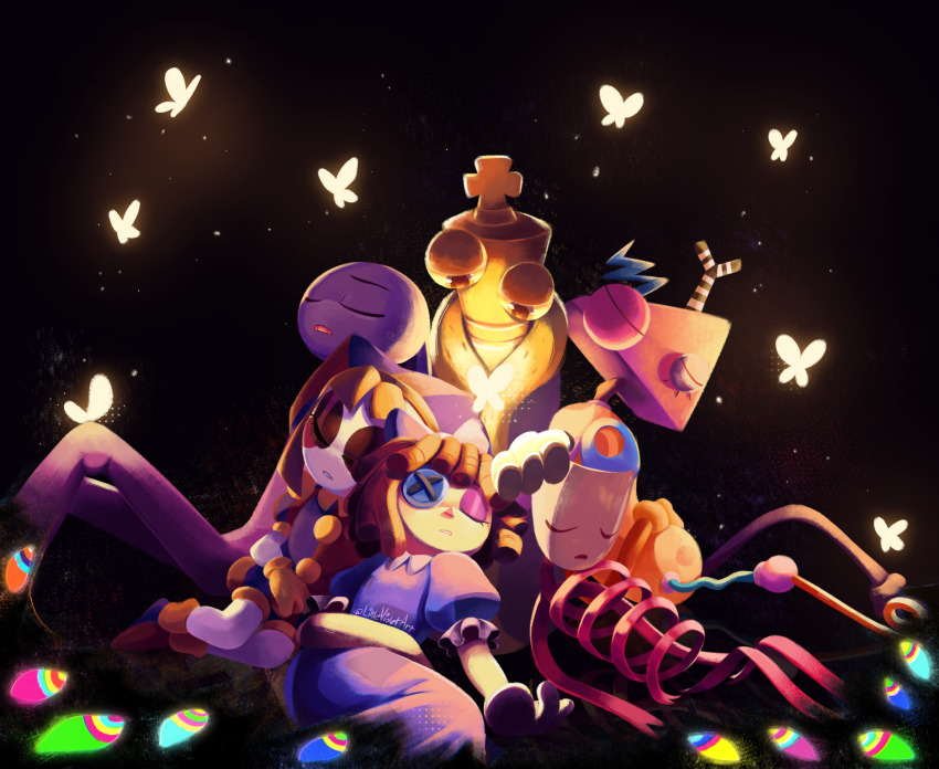 1other 2boys 3girls abstraction_(the_amazing_digital_circus) blue_dress bug butterfly button_eyes buttons chess_piece closed_eyes commentary dark_background dress ears_down english_commentary frilled_dress frills gangle_(the_amazing_digital_circus) glowing_butterfly hat highres insect jax_(the_amazing_digital_circus) jester_cap jester_costume king_(chess) kinger_(the_amazing_digital_circus) littlevioletart looking_at_animal mismatched_eyes multiple_boys multiple_girls overalls pomni_(the_amazing_digital_circus) puffy_short_sleeves puffy_sleeves purple_overalls purple_robe rabbit_boy ragatha_(the_amazing_digital_circus) red_ribbon ribbon robe short_sleeves sleeping the_amazing_digital_circus white_mask zooble_(the_amazing_digital_circus)
