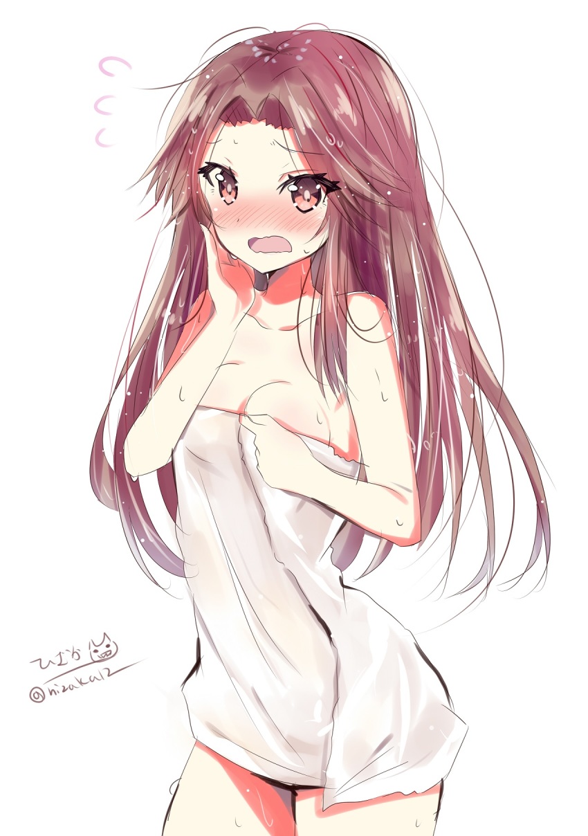 1girl arm_up blush breasts brown_eyes brown_hair female_focus highres hizaka jintsuu_(kancolle) kantai_collection long_hair looking_at_viewer medium_breasts naked_towel one-hour_drawing_challenge open_mouth red_eyes simple_background solo towel twitter_username water_drop wet white_background