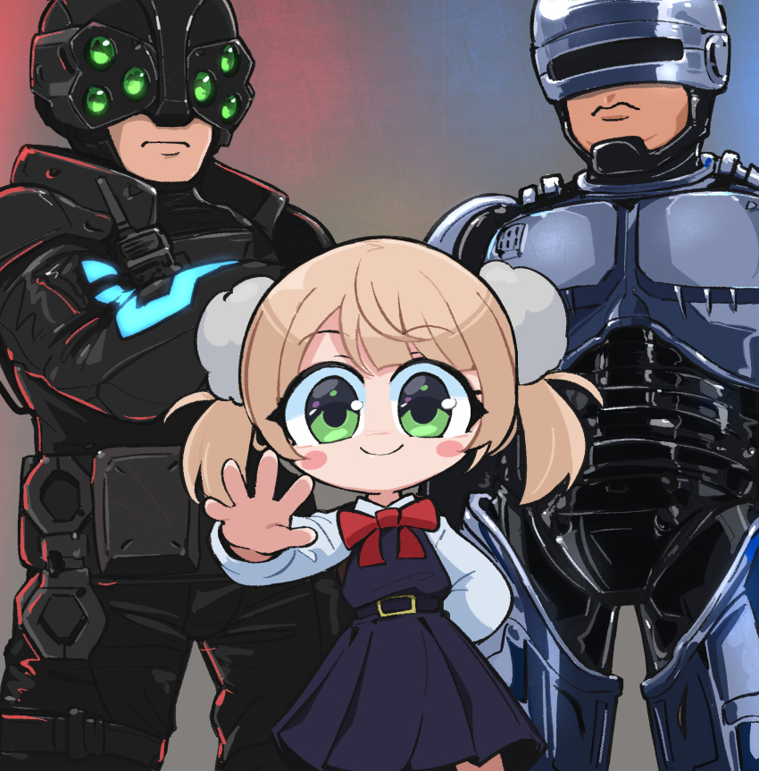 1girl 2boys arm_behind_back blush bow bowtie closed_mouth crossed_arms crossover cyberpunk_(series) cyberpunk_2077 cyborg dress green_eyes hair_ornament helmet highres indie_virtual_youtuber kim_crab light_brown_hair multiple_boys pom_pom_(clothes) pom_pom_hair_ornament red_bow robocop robocop_(character) shigure_ui_(vtuber) shigure_ui_(vtuber)_(young) shirt shukusei!!_loli-kami_requiem simple_background smile twintails virtual_youtuber white_shirt